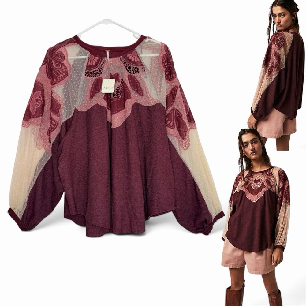 Free People Toni Tunic Top MEDIUM Mulberry Burgundy Embroidered Lace Waffle Boho